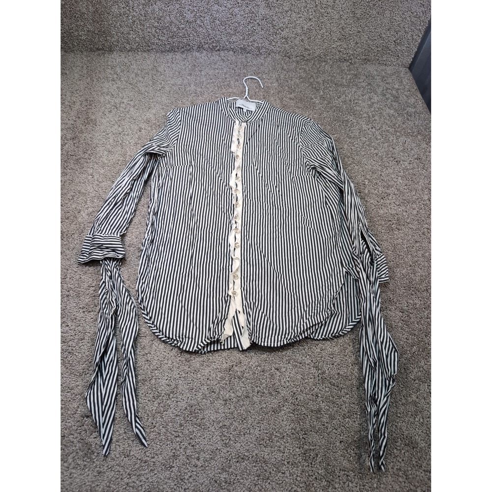 3.1 Phillip Lim Womens Black White‎ Striped Silk Trim Tie Sleeve Shirt Size 2